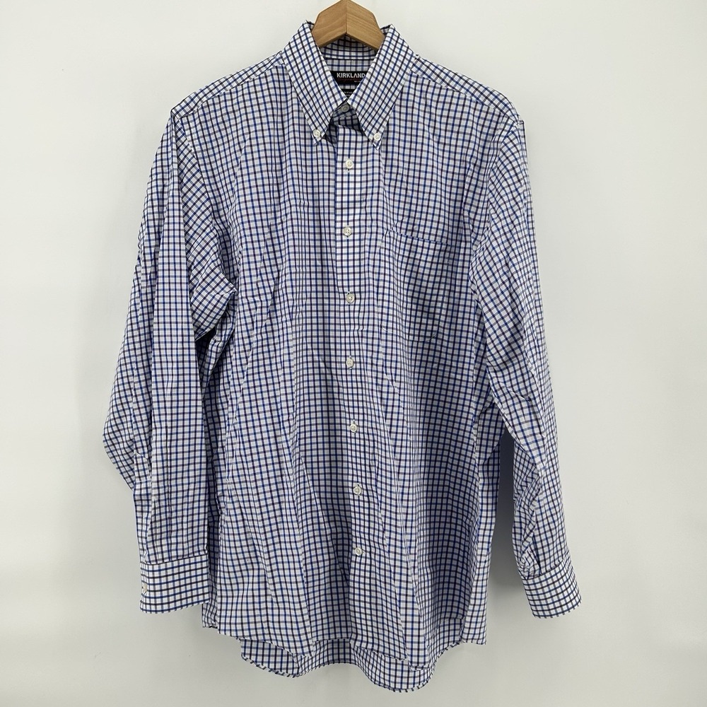 ⭐Kirkland Signature Shirt L 16.5 34/35 Blue + Purple Gingham Button‎ Down Preppy